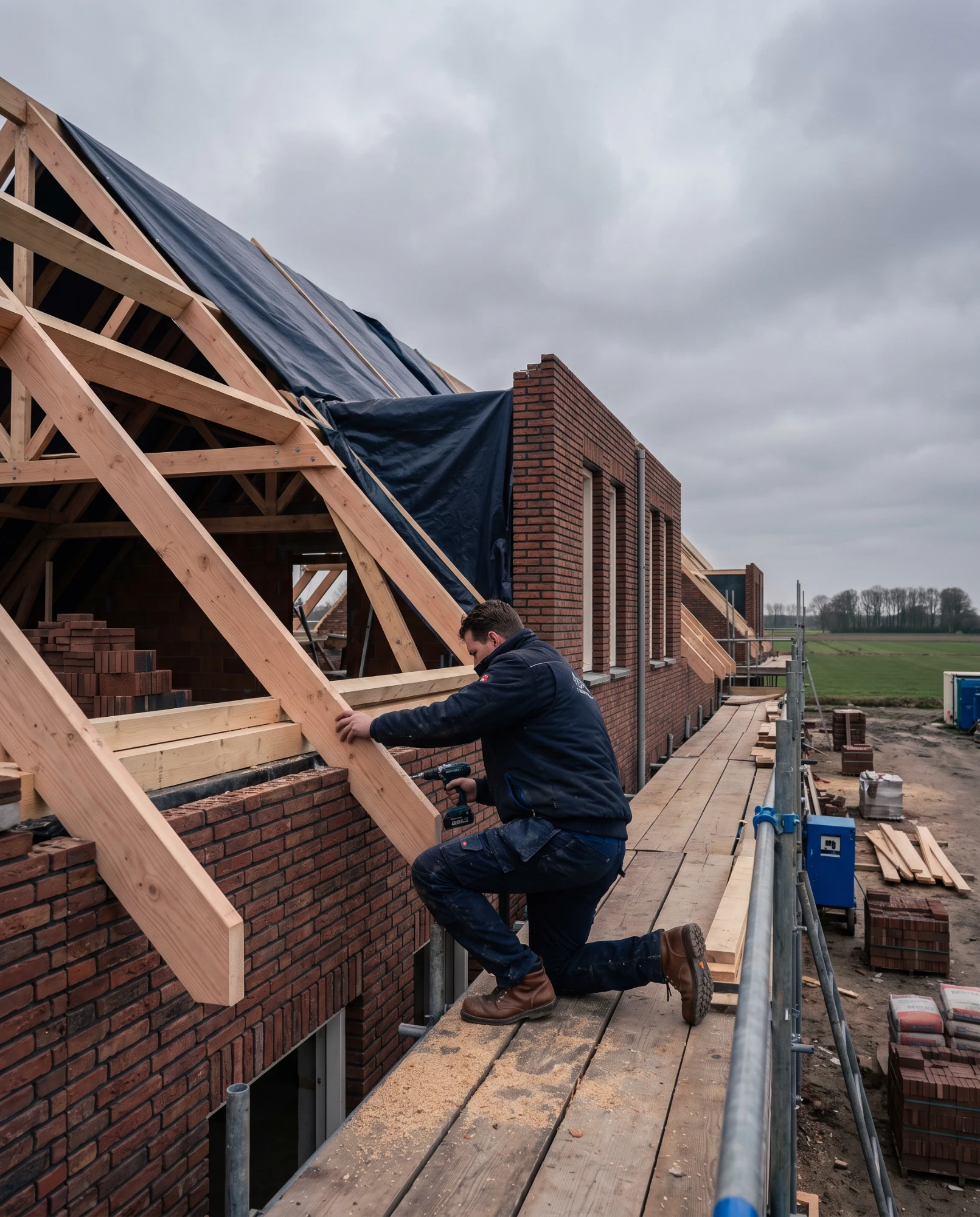 Timmerman zet een dakspant op een nieuwbouwwoning in aanbouw