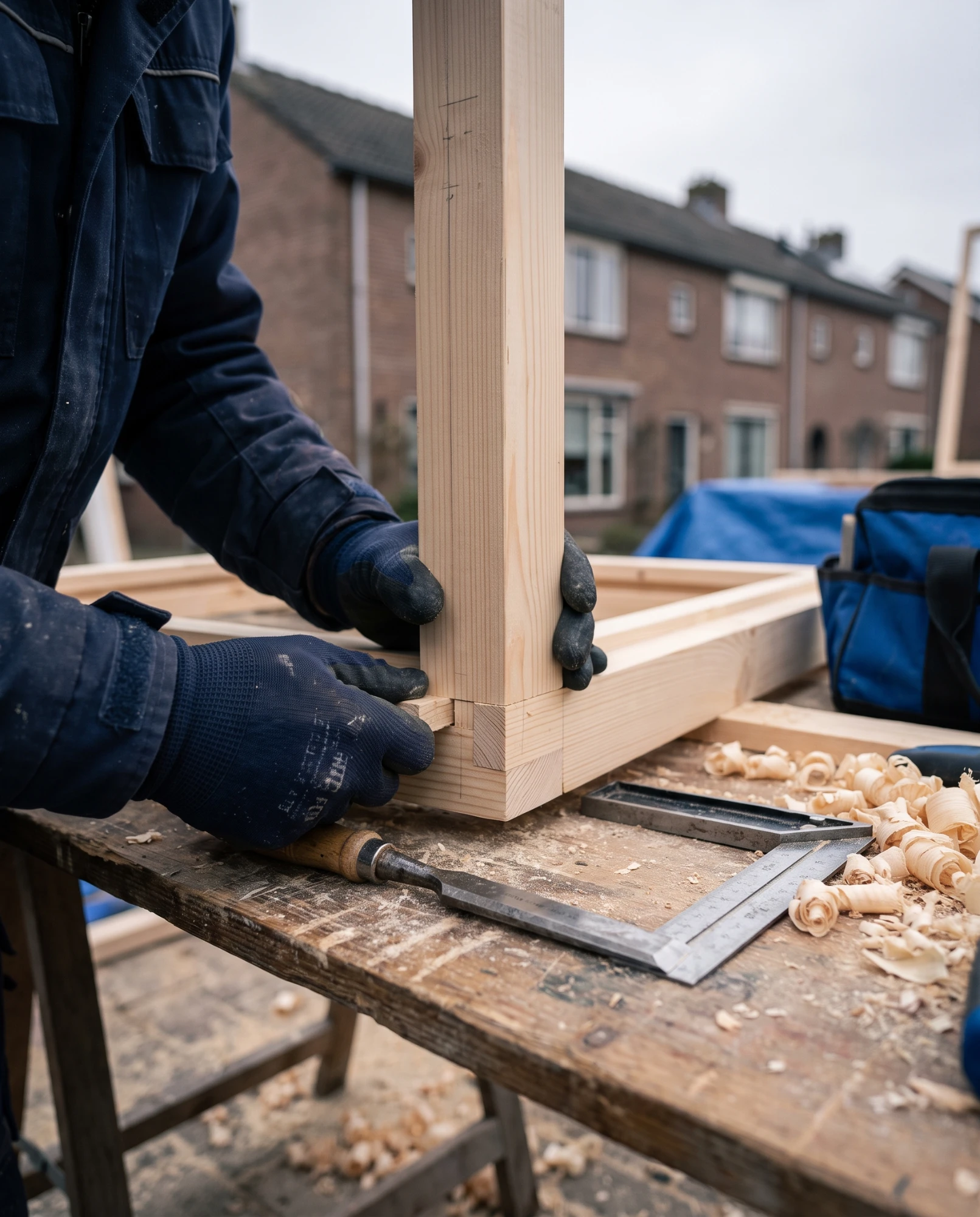 Handen in werkhandschoenen passen een houten verbinding op een werkbank