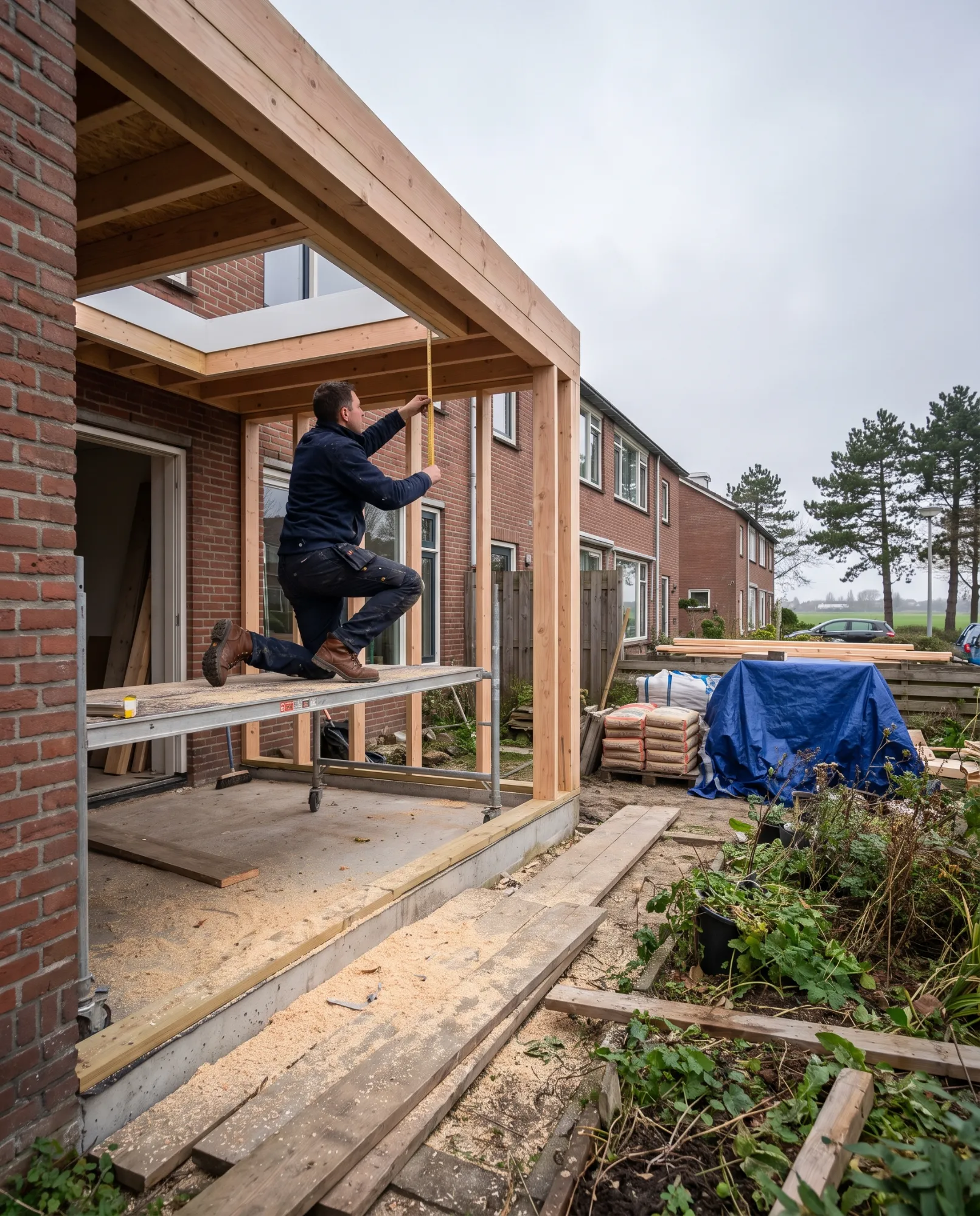 Houtskelet van een aanbouw aan een bakstenen woning, timmerman meet op