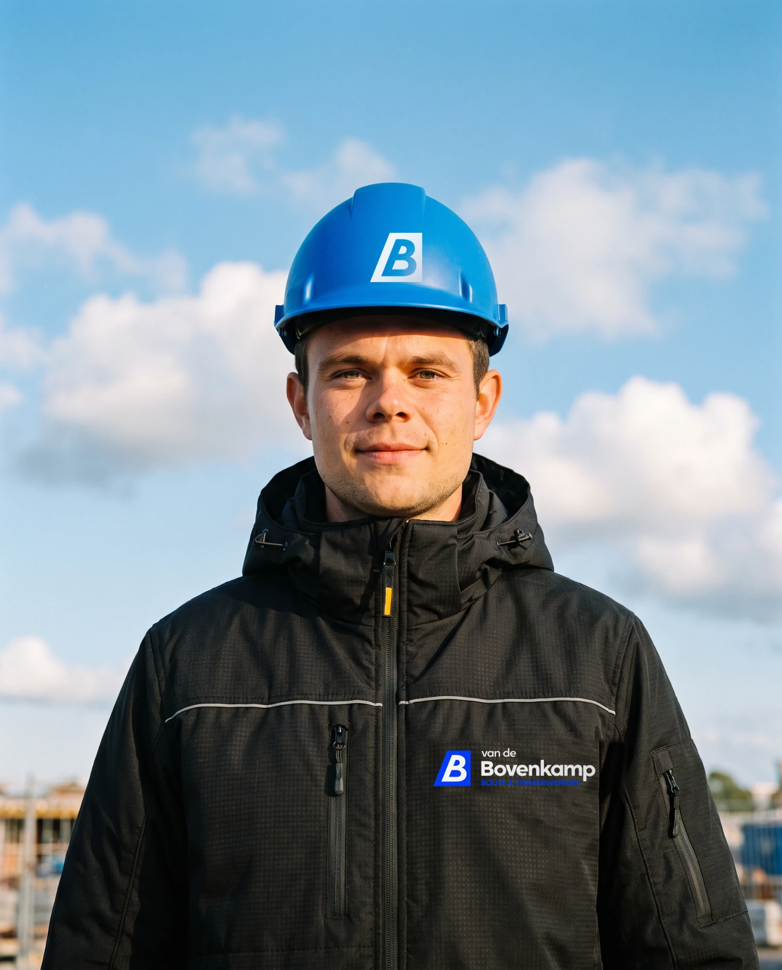 Portret van Justin van de Bovenkamp met helm en werkjas