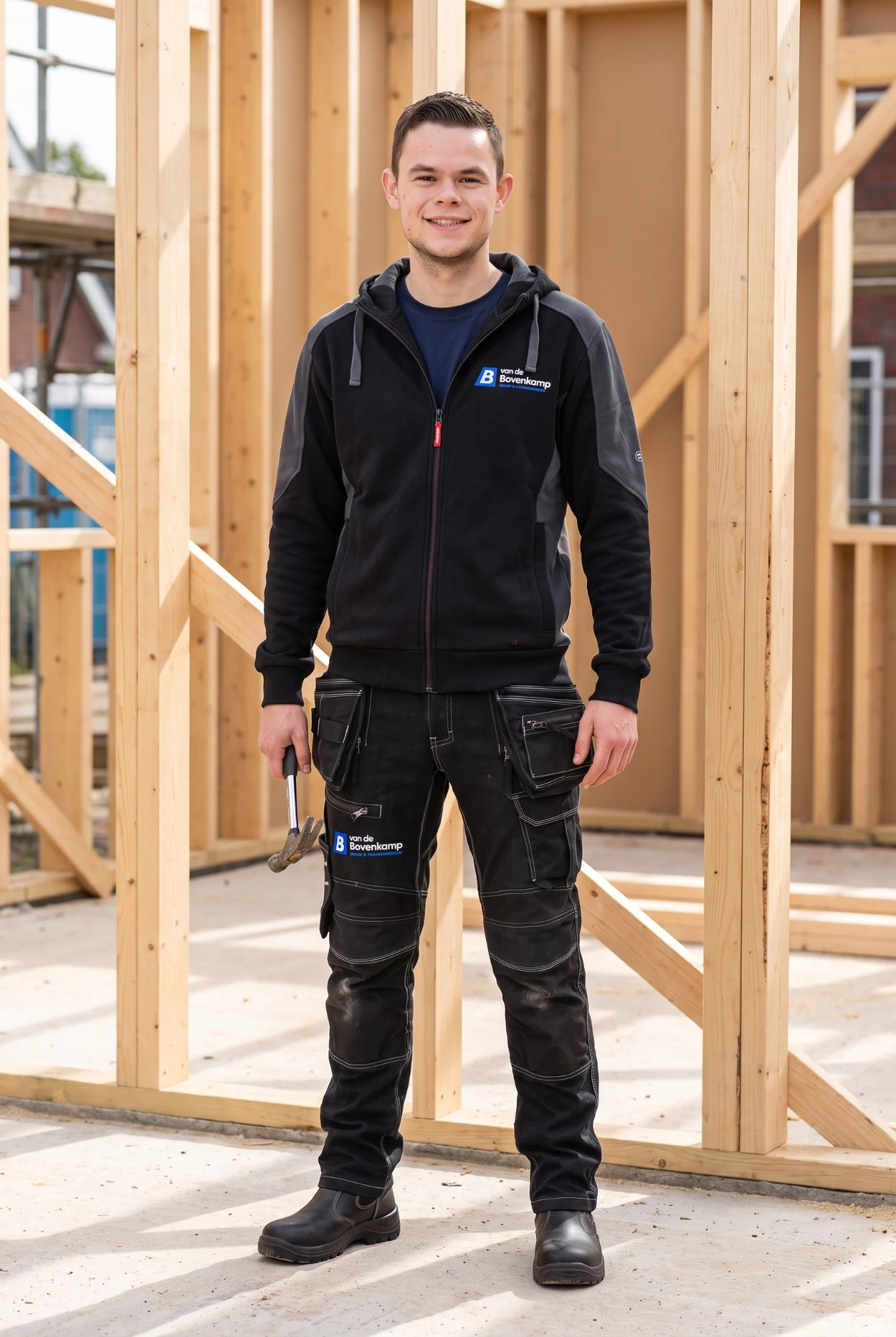 Justin van de Bovenkamp in werkkleding op een bouwplaats, voor een houtskeletwand